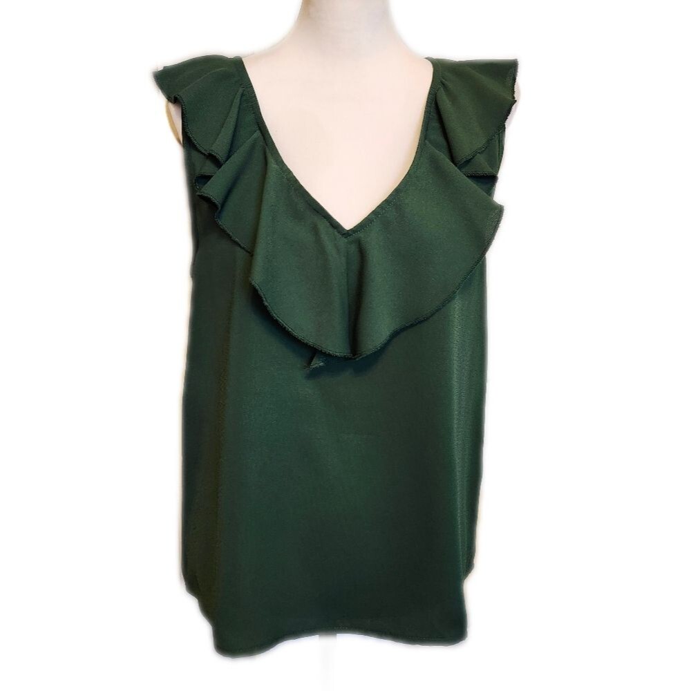 SHEIN hunter green ruffled v-neck sleeveless blouse, size L